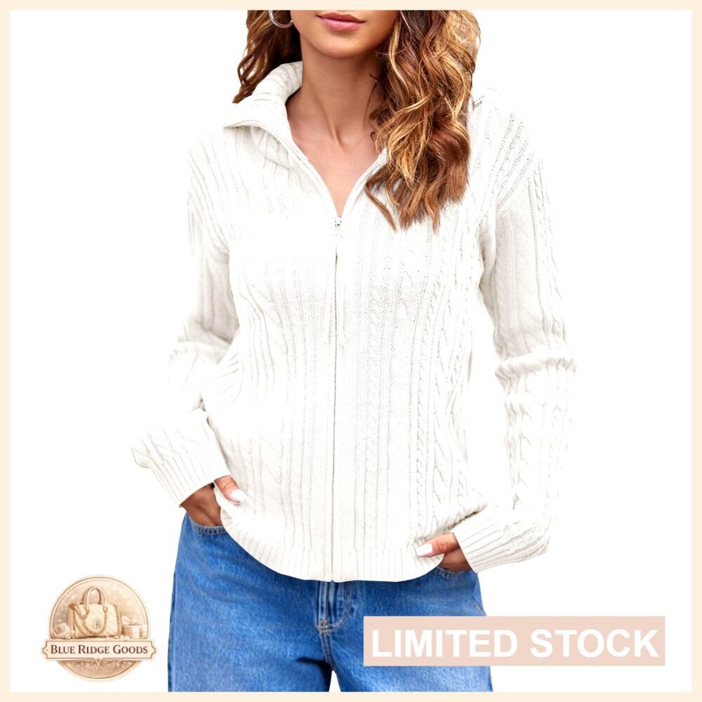 Cable Knit Cardigan Zip Up Collared Long Sleeve Vintage Sweater Loose Open Front